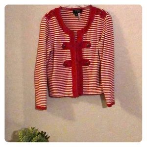 Red & white jacket embellished with pewter buttons